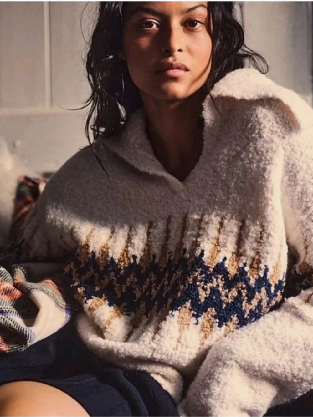 NWT J. Crew Cream Bouclé Fair Isle Johnny-Collar Sweater with Navy & Tan Accent